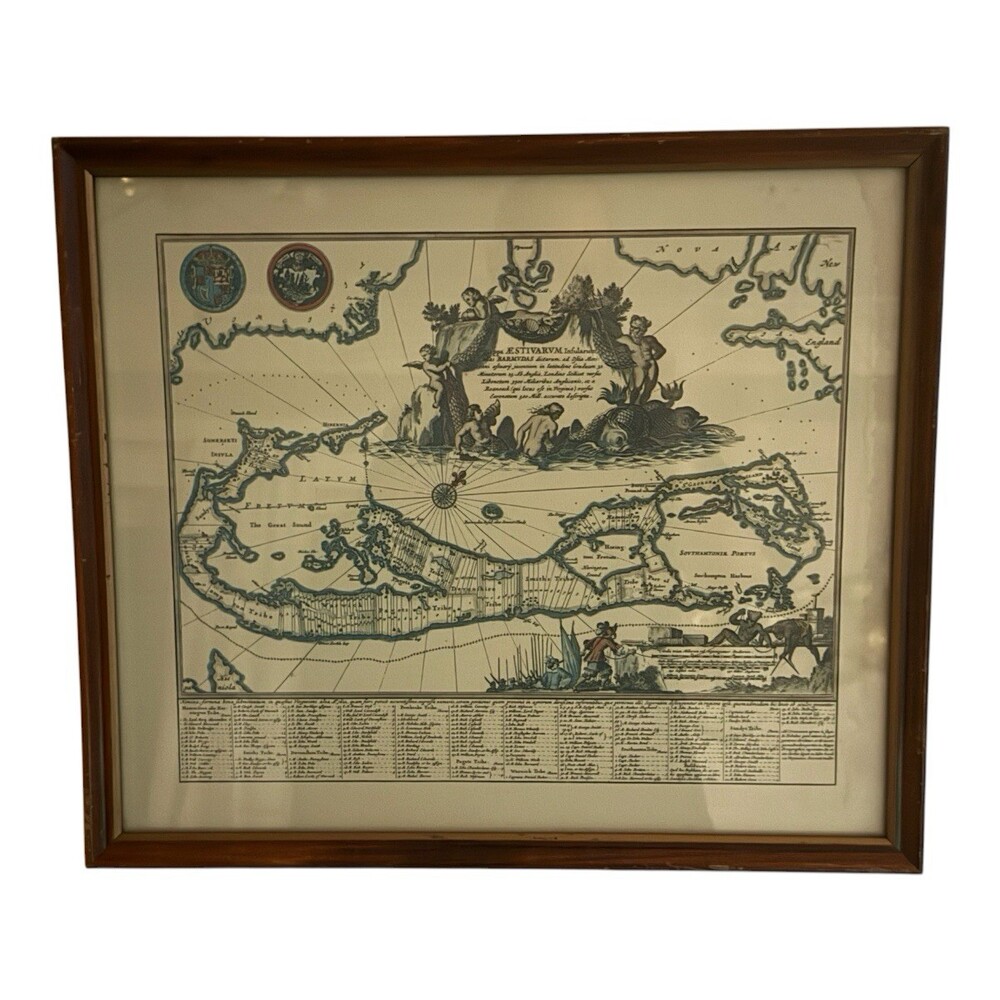 Vintage Bermuda Map Framed 17.5” x 15” Old World Nautical Wall Art